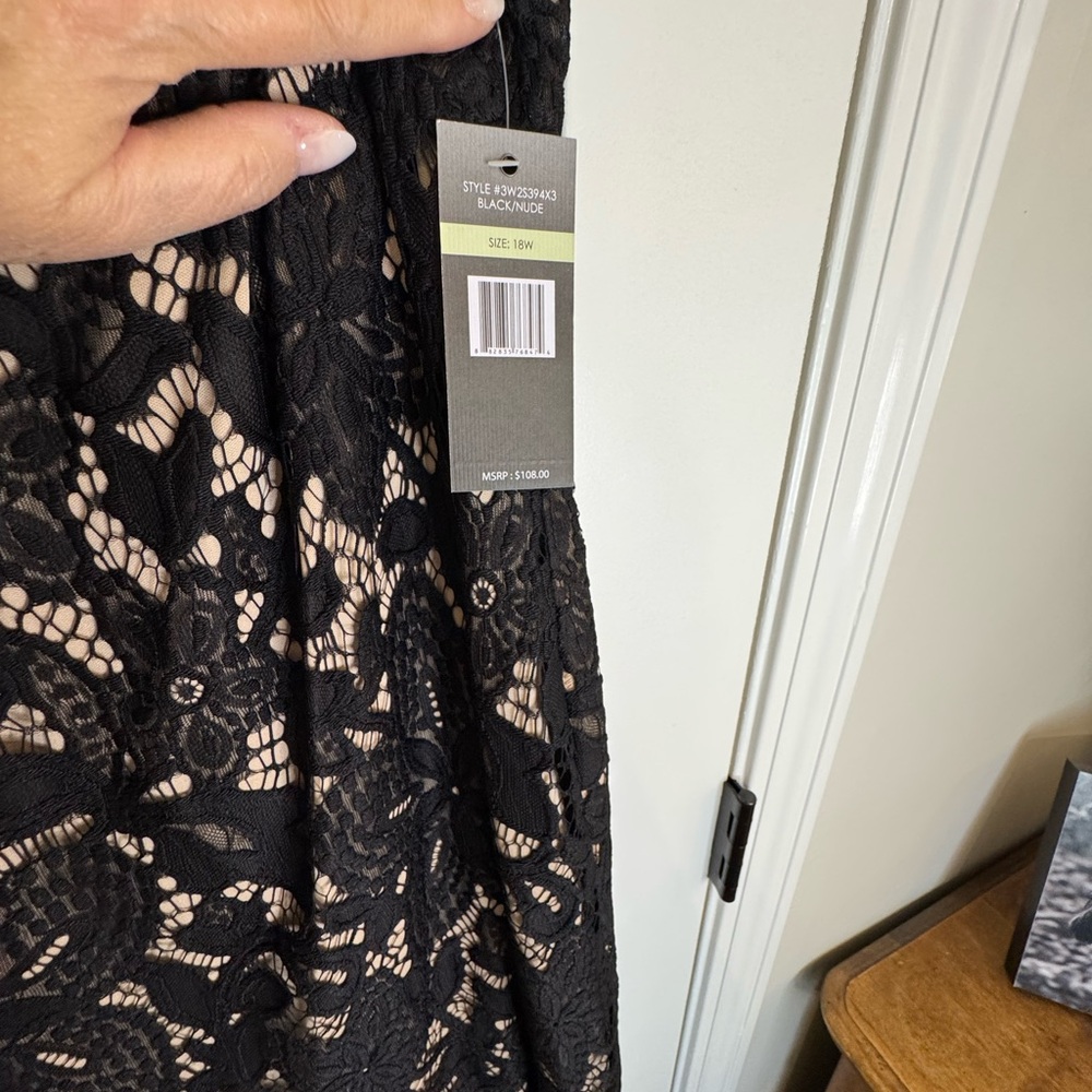 Sharagano Black Lace Overlay Midi Dress with Nude Lining - Picture 4 of 8